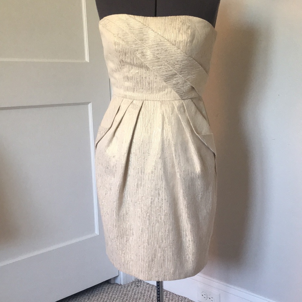 Gold brocade strapless cocktail dress